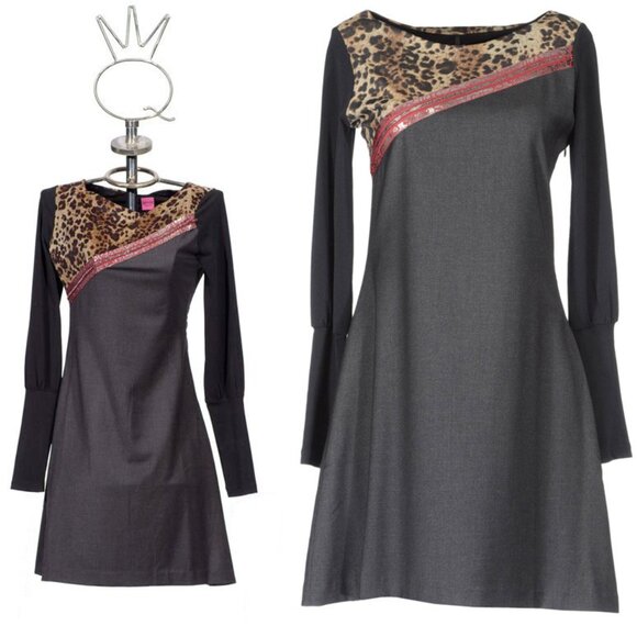 SAVE THE QUEEN DRESS LONG SLEEVE GRAY WITH ANIMAL PRINT ACCENT sz S / SMALL - Picture 1 of 8